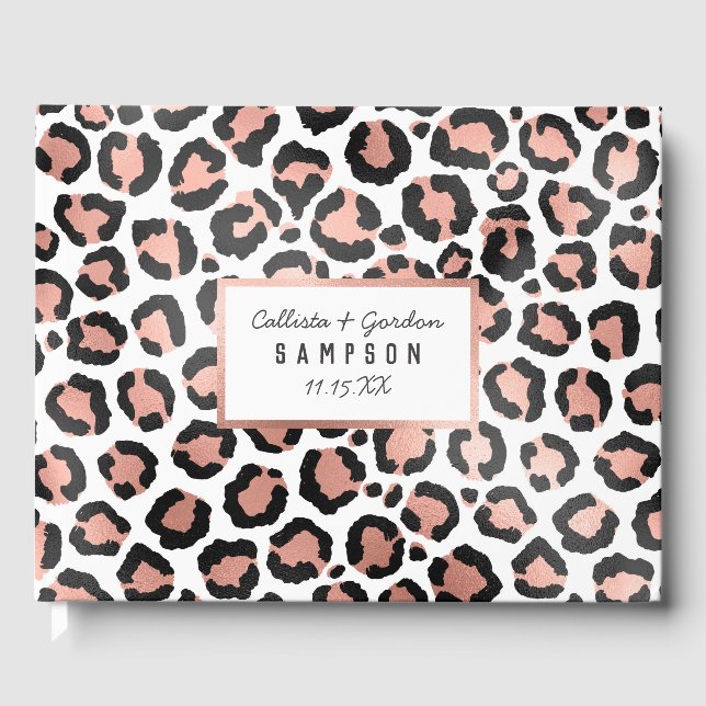 Modern Chic Black Rose Gold Foil Leopard Print Guest Book (Front)