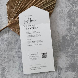 Modern Chic Black White Just Love QR Code Wedding All In One Invitation