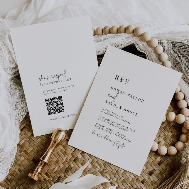 Modern Chic Black White Monogram QR Code Wedding Invitation (Creator Uploaded)