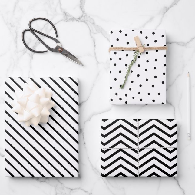 Modern Chic Black & White Stripe, Chevron & Dots Wrapping Paper Sheet (Front)