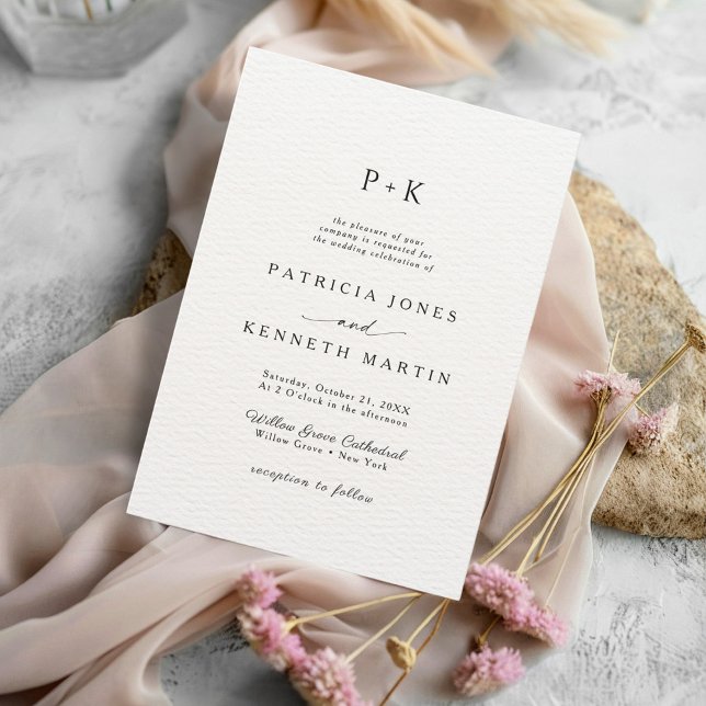 Modern Chic Black & White Texture Monogram Wedding Invitation (Creator Uploaded)