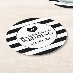 Modern Chic Black & White Wedding Round Paper Coaster
