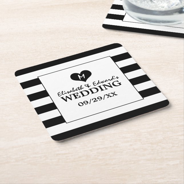 Modern Chic Black & White Wedding Square Paper Coaster (Angled)