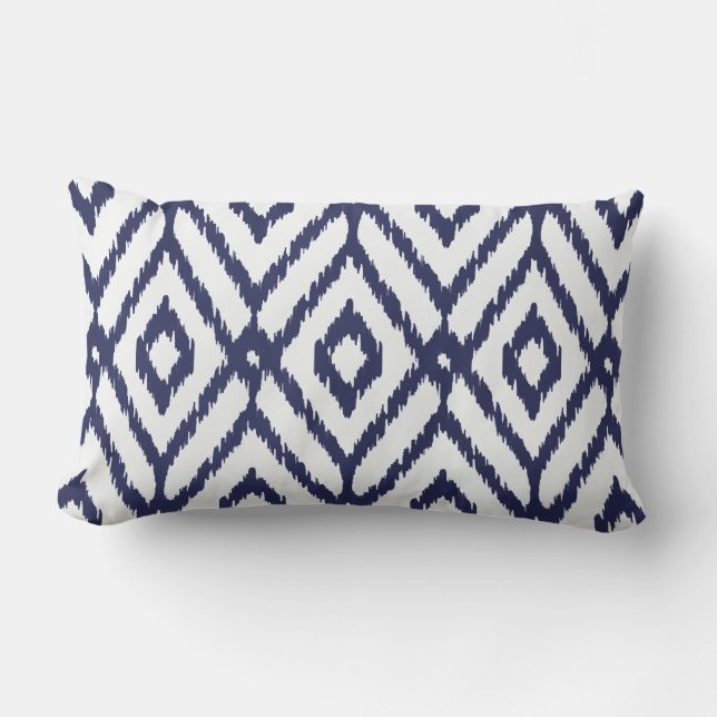 Modern chic blue and white ikat diamond pattern lumbar pillow (Front)