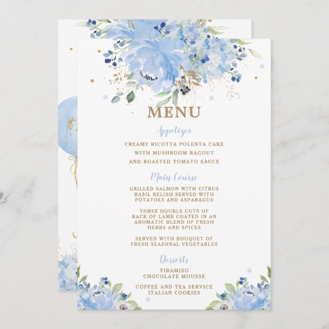 Modern Chic Blue Floral Balloons Baby Shower Menu (Front/Back)