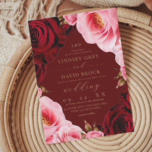 Modern Chic Blush Burgundy  Roses Florals Wedding Invitation