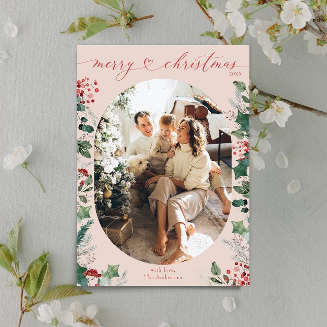 Modern Chic Blush Pink Oval Photo Christmas  Holiday Card (Creator Uploaded)