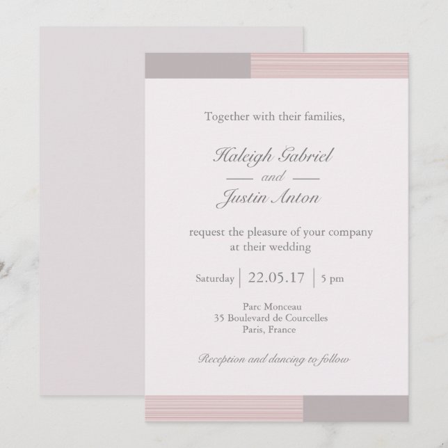 Modern chic blush pink white grey stripes wedding invitation (Front/Back)