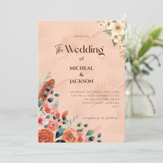 Modern Chic Bohemian Watercolor Floral  Invitation (Standing Front)