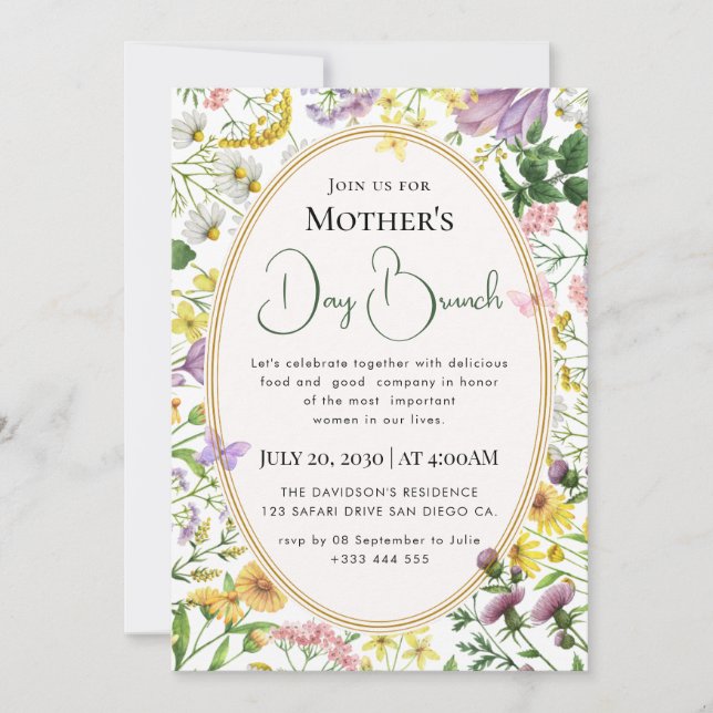 Modern chic boho bright wild flowers invitation (Front)