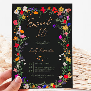 Modern chic boho bright wild flowers Sweet 16 Invitation