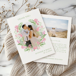 Modern Chic Boho Pink Floral Wedding Photo Thank You Card