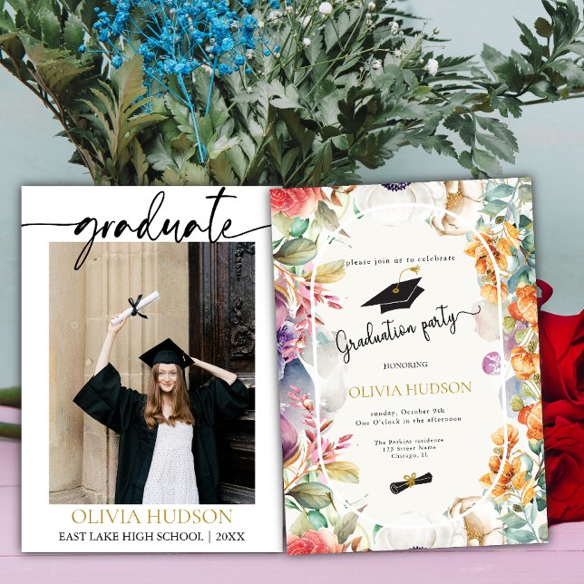 Modern chic boho wild flowers photo graduation invitation (Creator Uploaded)