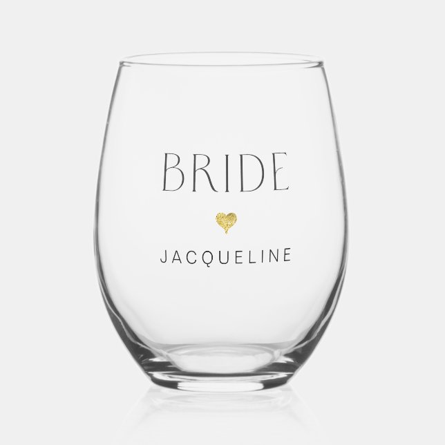 Modern Chic Bride Art Deco Font Gold Heart Name Stemless Wine Glass (Front)
