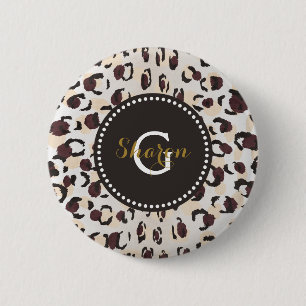Modern chic brown cheetah print pattern monogram 2 inch round button