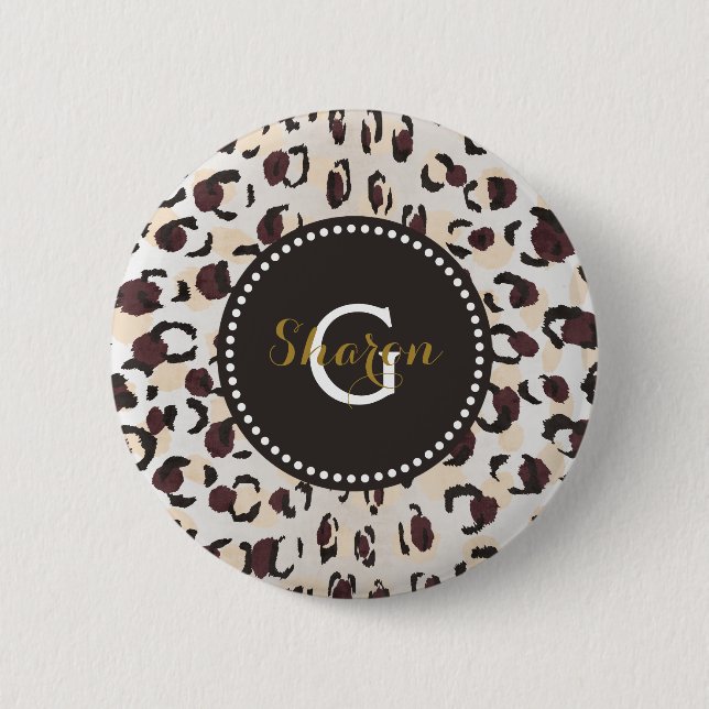Modern chic brown cheetah print pattern monogram 2 inch round button (Front)