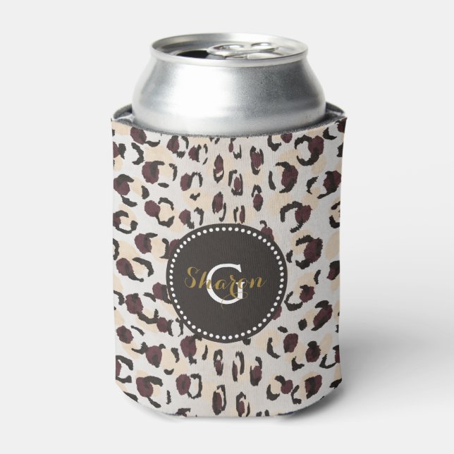 Modern chic brown cheetah print pattern monogram can cooler (Can Front)