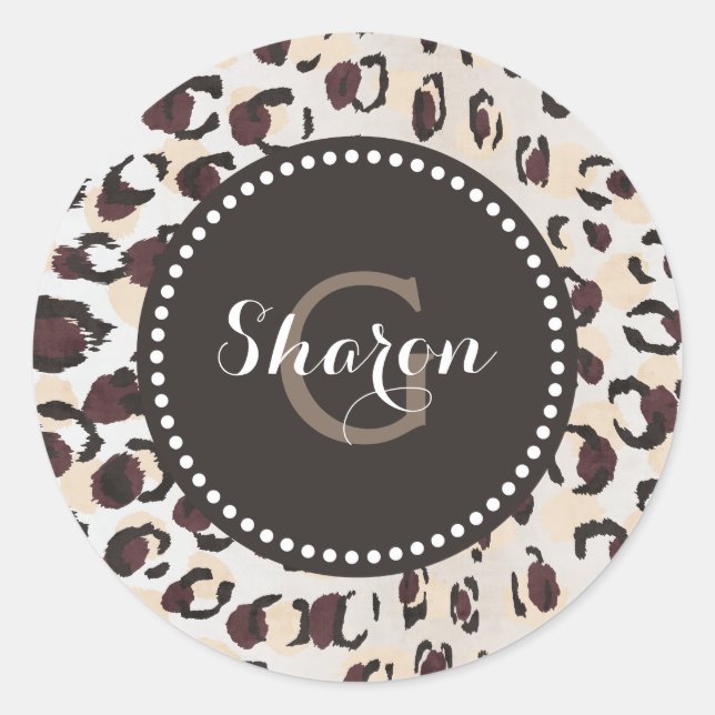 Modern chic brown cheetah print pattern monogram classic round sticker (Front)