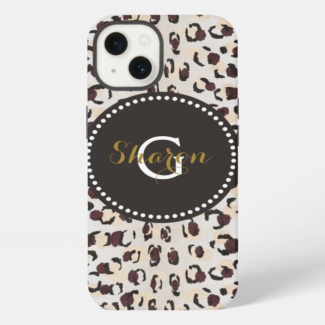 Modern chic brown cheetah print pattern monogram iPhone case (Back)