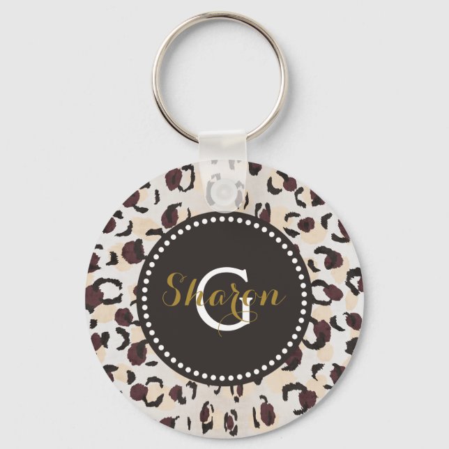 Modern chic brown cheetah print pattern monogram keychain (Front)