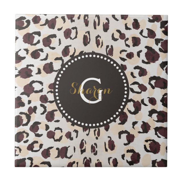 Modern chic brown cheetah print pattern monogram tile (Front)