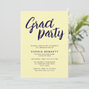 Modern Chic Brush Script Navy & Yellow Grad Party Invitation