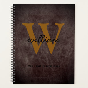 Modern chic burgundy leather script tan monogram planner