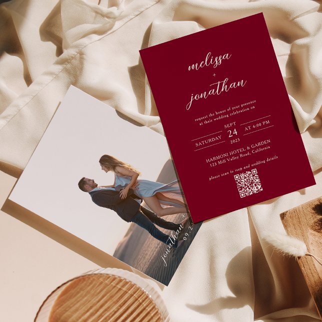 Modern Chic Burgundy Photo Script QR Code Wedding Invitation (Creator Uploaded)