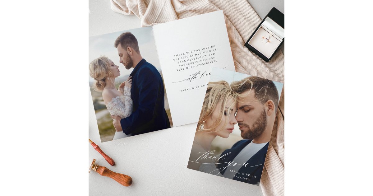 Modern Chic Calligraphy 2 Photo Wedding Folded Thank You Card | Zazzle