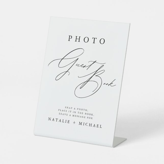 Modern Chic Calligraphy Wedding Photo Guestbook Pedestal Sign (Front)
