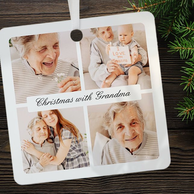 Modern Chic Christmas With Grandma 4 Photo Holiday Metal Ornament (Creator Uploaded)