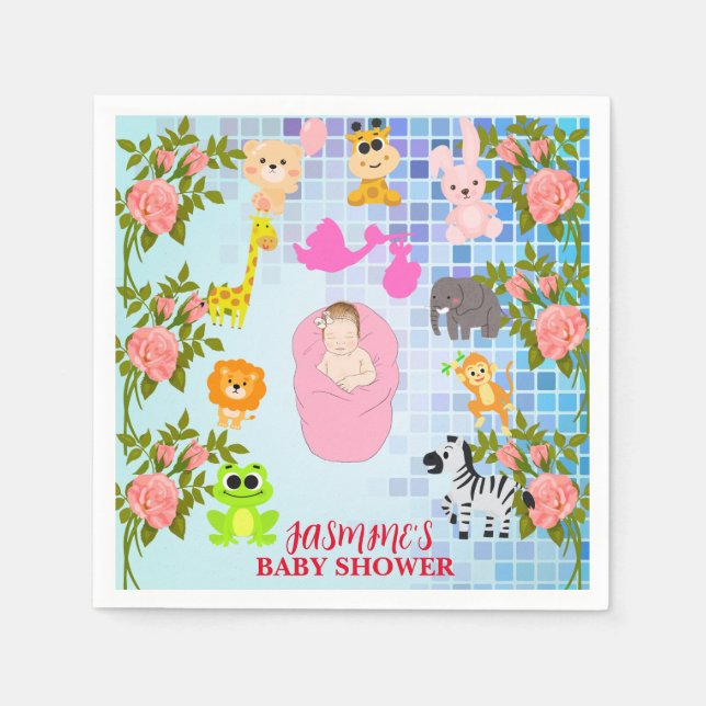 Modern Chic Colourful Floral Blue Boho Baby Shower Napkin (Front)