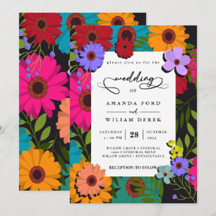 modern chic colourful flower  Rustic Floral Weddin Invitation