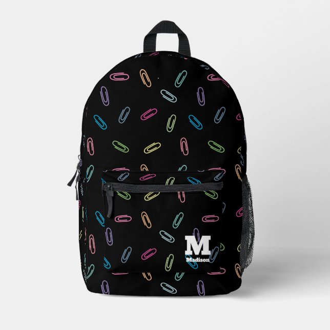 Modern Chic Colourful Paperclips Monogram Name Printed Backpack (Front)