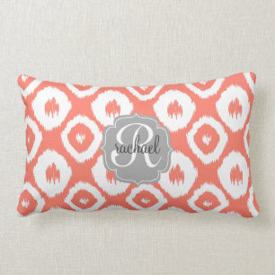 Modern Chic Coral Ikat Diamonds Personalized Lumbar Pillow