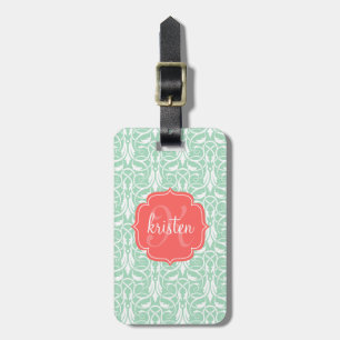 Modern Chic Coral & Mint Green Damask Personalized Luggage Tag