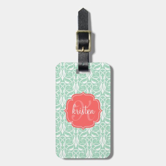 Modern Chic Coral & Mint Green Damask Personalized Luggage Tag