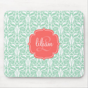 Modern Chic Coral & Mint Green Damask Personalized Mouse Pad