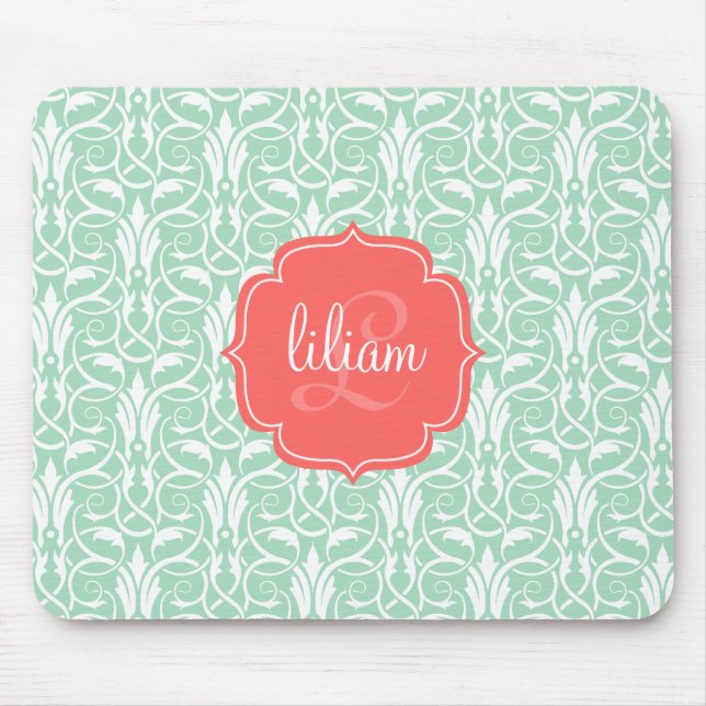 Modern Chic Coral & Mint Green Damask Personalized Mouse Pad (Front)
