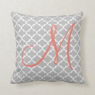 Modern Chic Coral Monogram on Grey Quatrefoil Throw Pillow