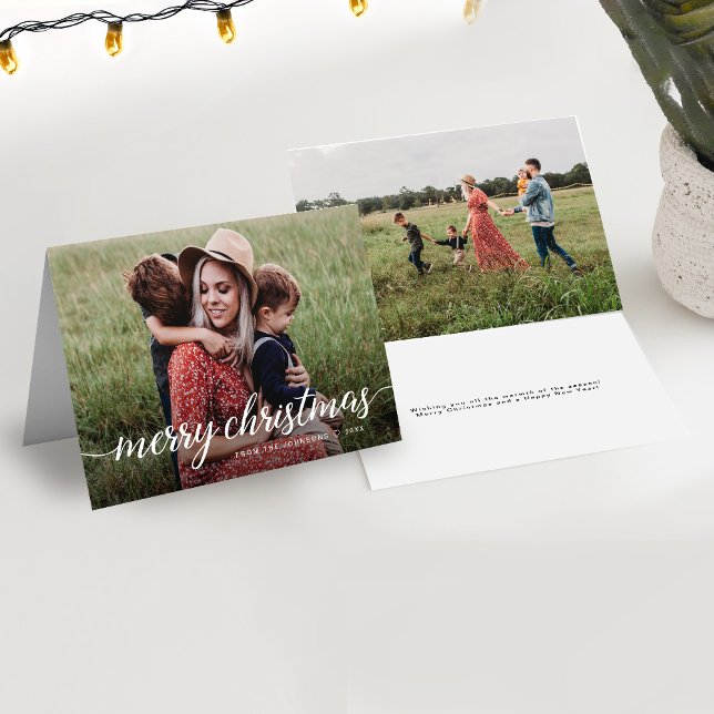 Modern Chic Custom 2 Photos Merry Christmas Family Holiday Card (Modern Merry Christmas script photo family Folded cards.)