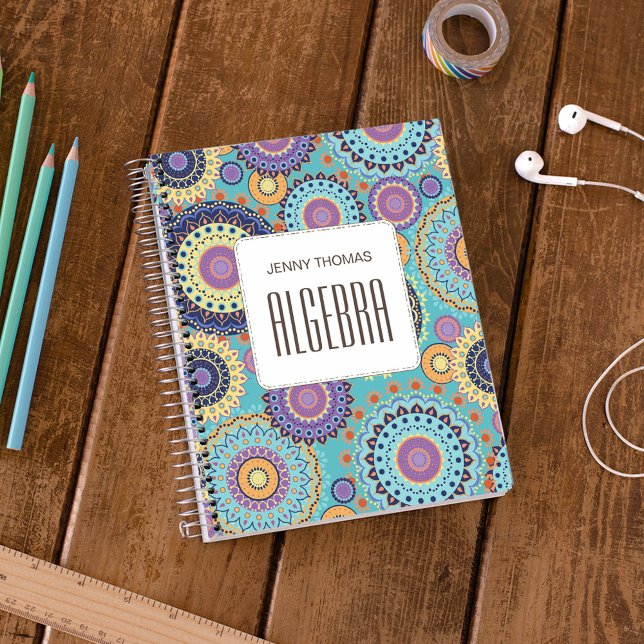 Modern Chic Cute Trendy Colourful Pattern Class Notebook (Personalized mandala class subject notebook with colorful boho geometric pattern design.)