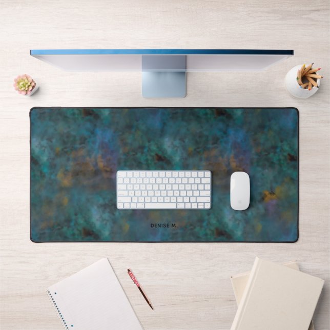 Modern Chic Dark Green Blue Tie Dye Name Custom Desk Mat (Office 1)