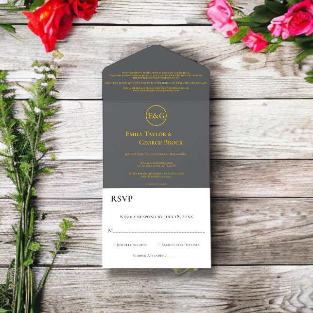 Modern Chic Dark Grey Gold Script Classy Wedding All In One Invitation (Creator Uploaded)