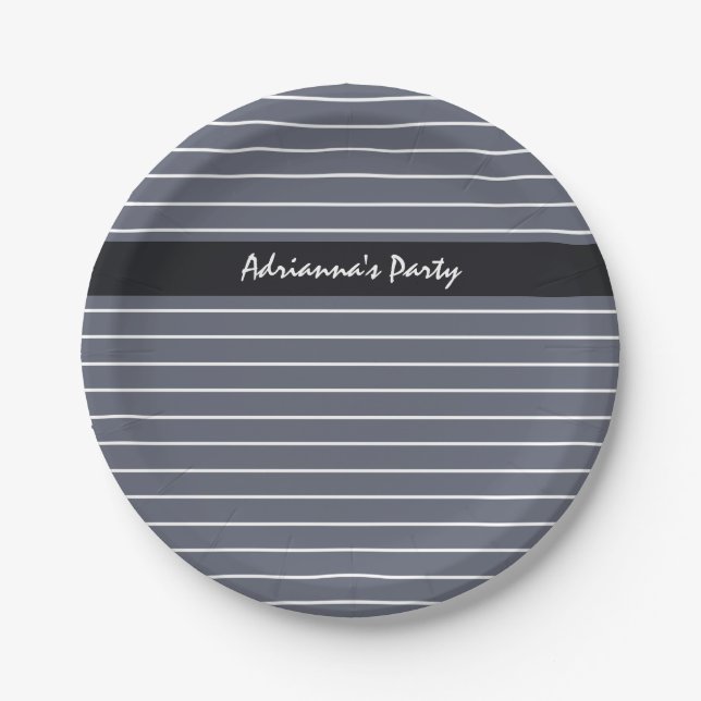 Modern Chic Dark Grey Thin Stripes With Name Paper Plate (Front)