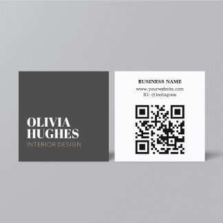 Modern Chic Dark Grey White Brown QR code Square Business Card