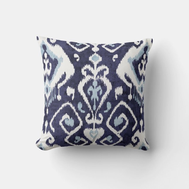 Modern chic decorative blue and white ikat pillow (Front)