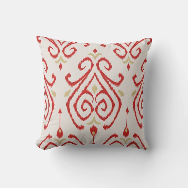 Modern chic decorative red gold beige ikat pillow (Front)