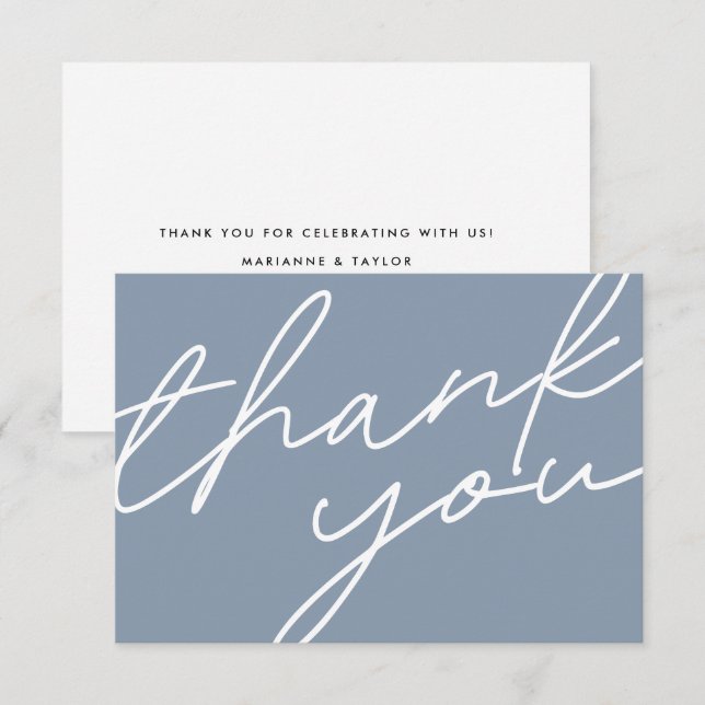 Modern Chic Dusty Blue Calligraphy Script Wedding  Thank You Card (Front/Back)