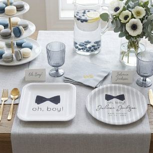 Modern Chic Dusty Blue Oh Boy Bow Baby Shower Paper Plate